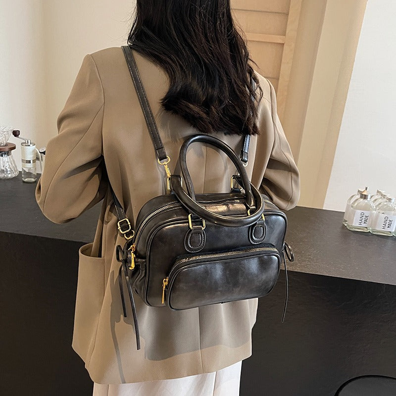 Leather Shoulder Bag with Top Handles and Front Zip Pocket