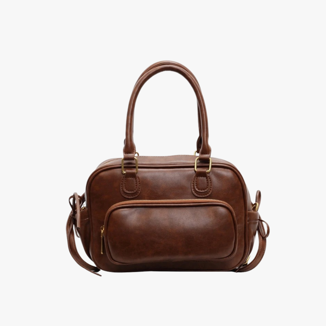 Leather Shoulder Bag with Top Handles and Front Zip Pocket
