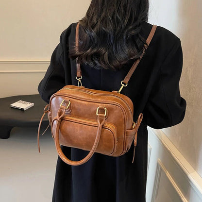 Leather Shoulder Bag with Top Handles and Front Zip Pocket