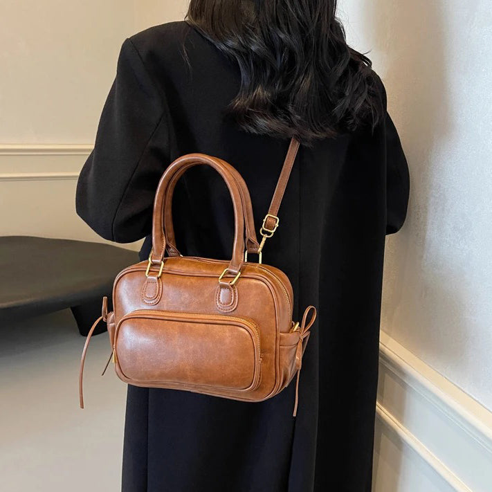 Leather Shoulder Bag with Top Handles and Front Zip Pocket