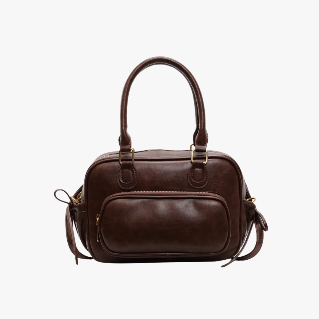 Leather Shoulder Bag with Top Handles and Front Zip Pocket