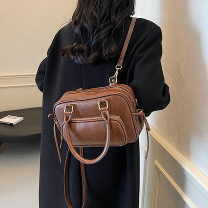 Leather Shoulder Bag with Top Handles and Front Zip Pocket