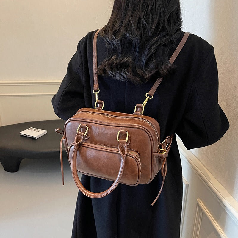 Leather Shoulder Bag with Top Handles and Front Zip Pocket