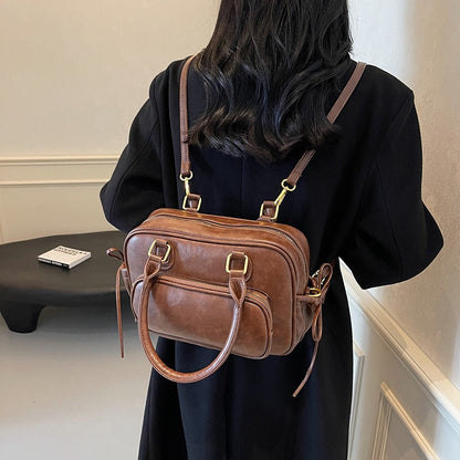 Leather Shoulder Bag with Top Handles and Front Zip Pocket