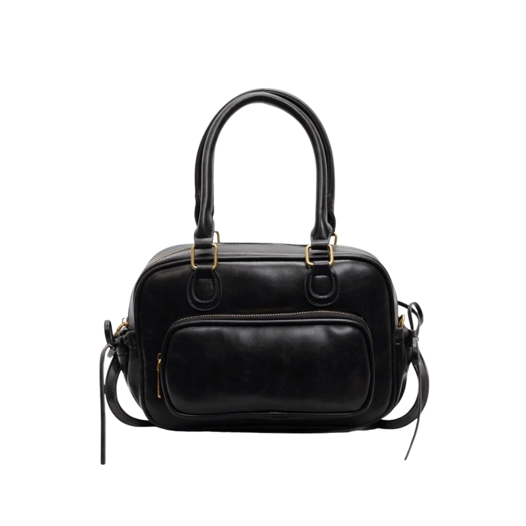 Leather Shoulder Bag with Top Handles and Front Zip Pocket