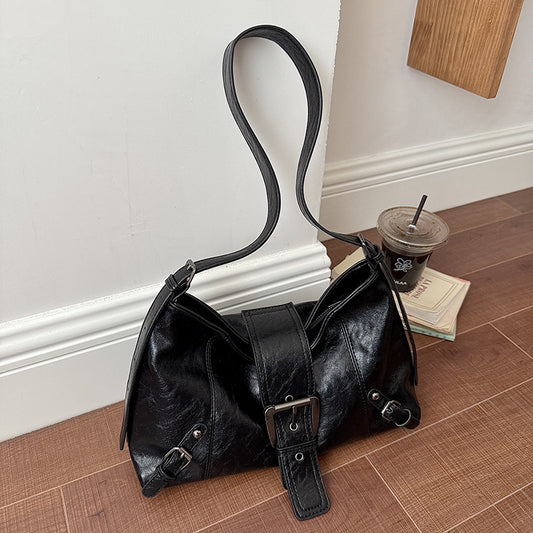 Leather Shoulder Bag with Triple Buckle Detail and Silver Hardware