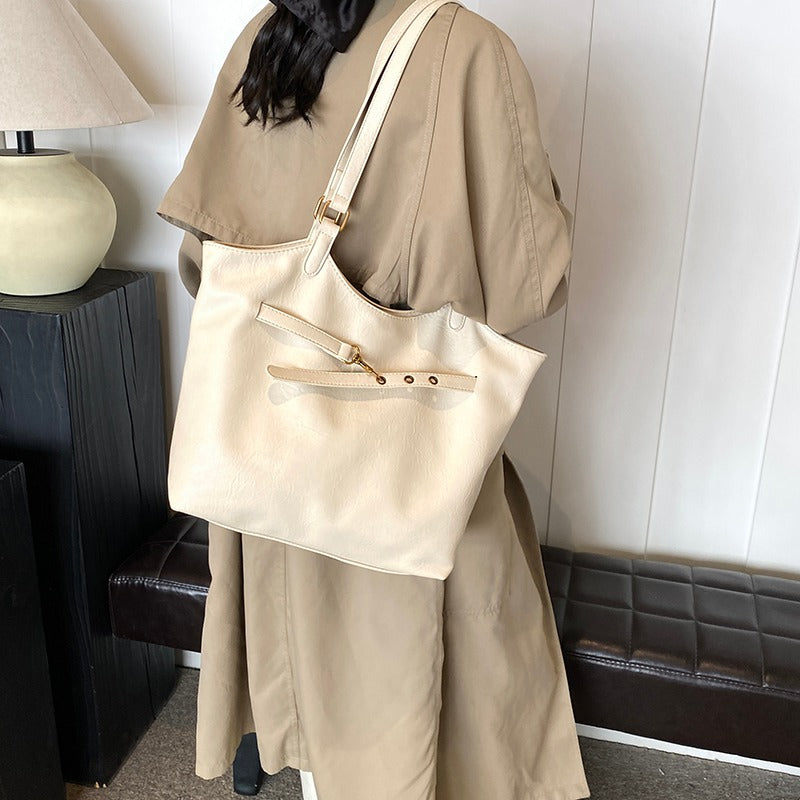 Leather Tote Bag with Gold Hardware and Belt Strap Detail