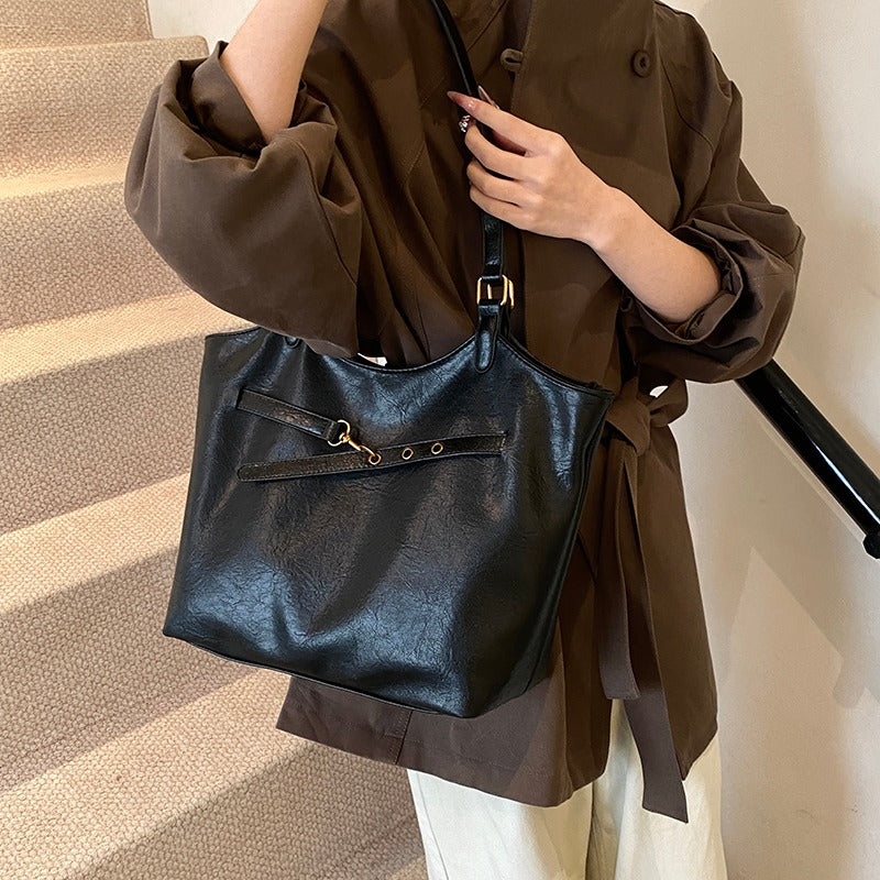 Leather Tote Bag with Gold Hardware and Belt Strap Detail
