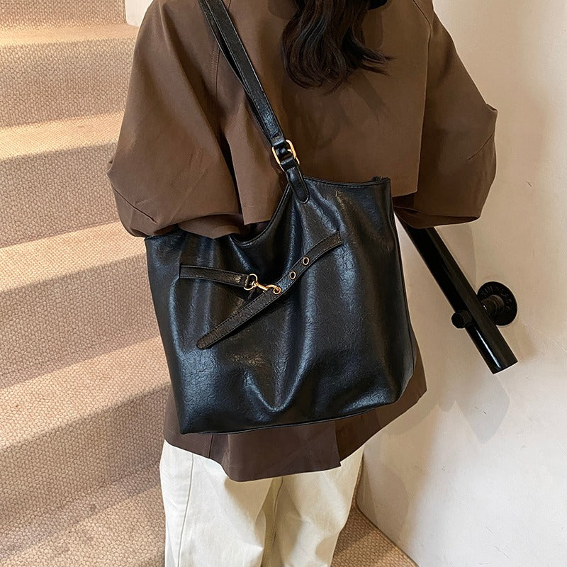 Leather Tote Bag with Gold Hardware and Belt Strap Detail