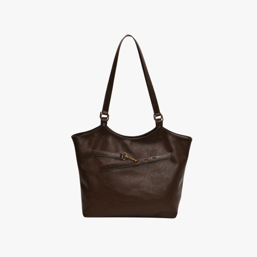 Leather Tote Bag with Gold Hardware and Belt Strap Detail