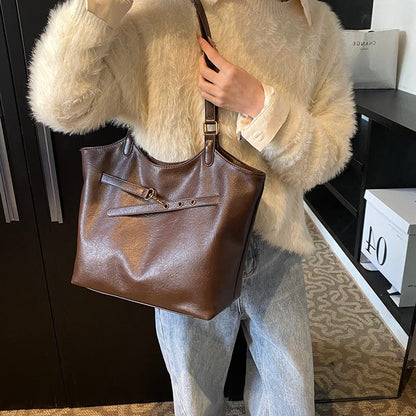 Leather Tote Bag with Gold Hardware and Belt Strap Detail