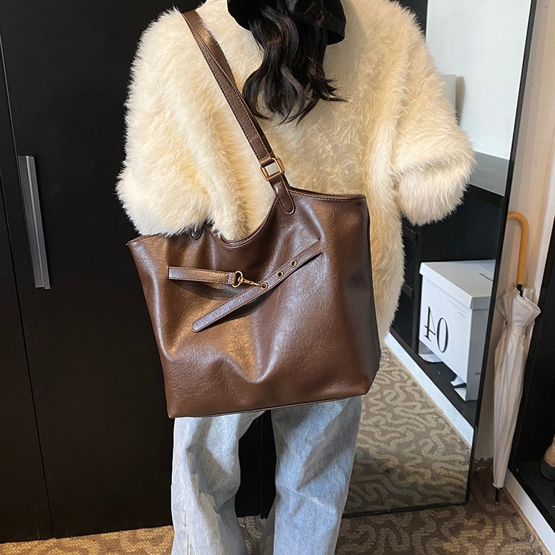 Leather Tote Bag with Gold Hardware and Belt Strap Detail