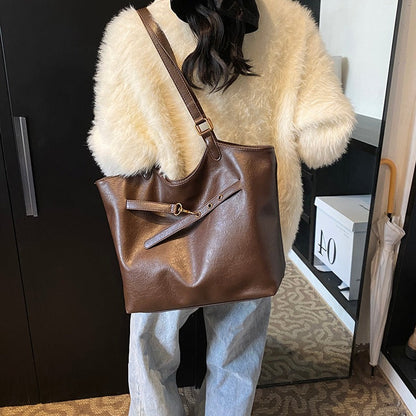 Leather Tote Bag with Gold Hardware and Belt Strap Detail