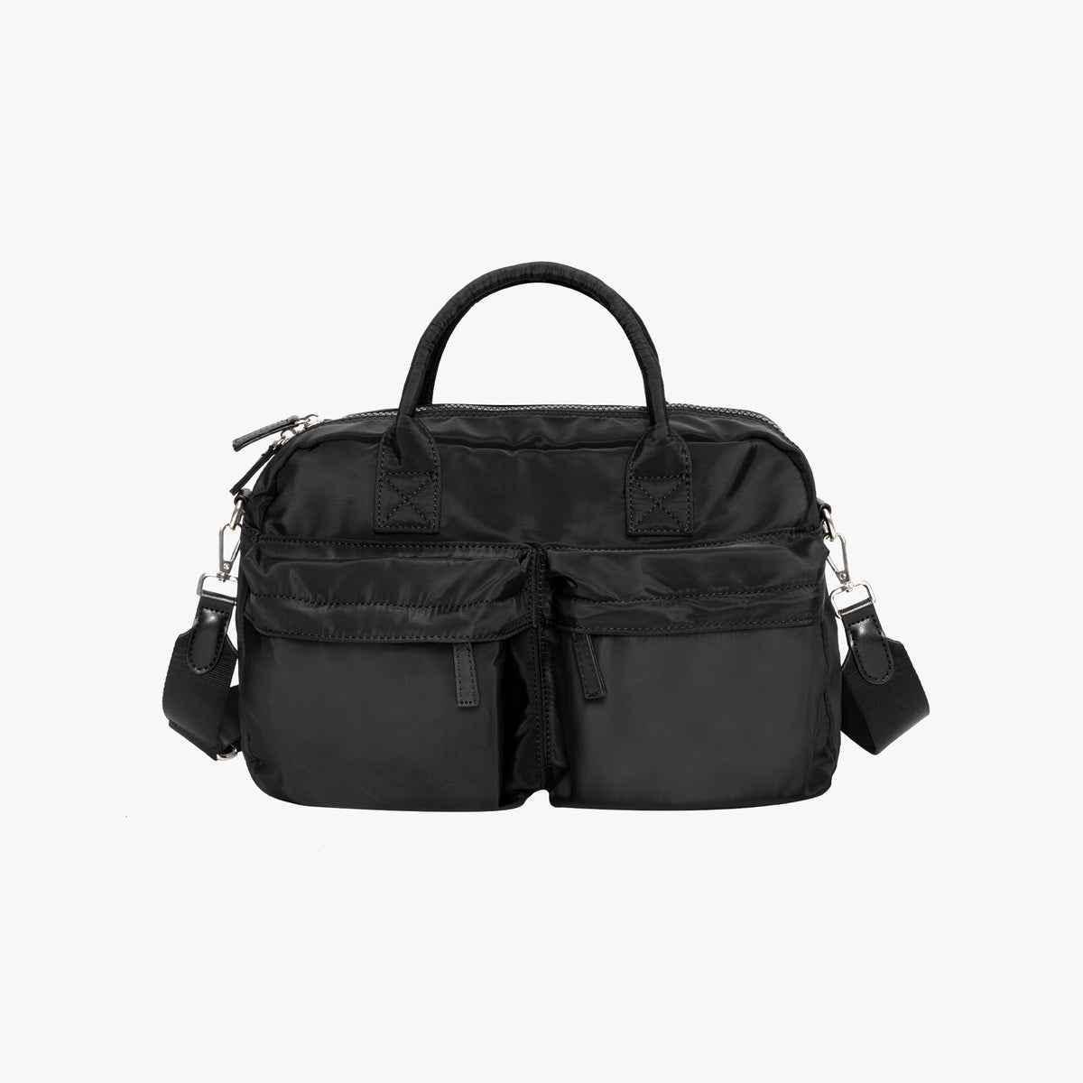 Nylon Shoulder Bag with Front Pockets and Detachable Strap