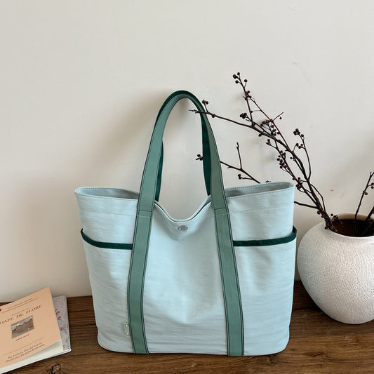 Large Canvas Tote Bag with Contrast Handles and Side Pockets