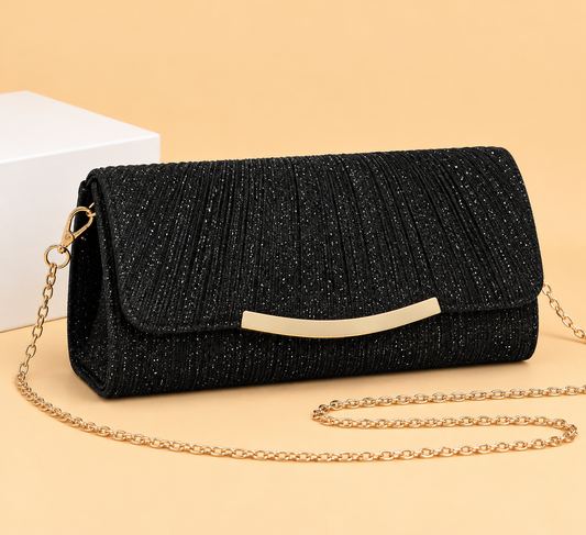 Pleated Glitter Clutch Bag with Gold Bar Clasp