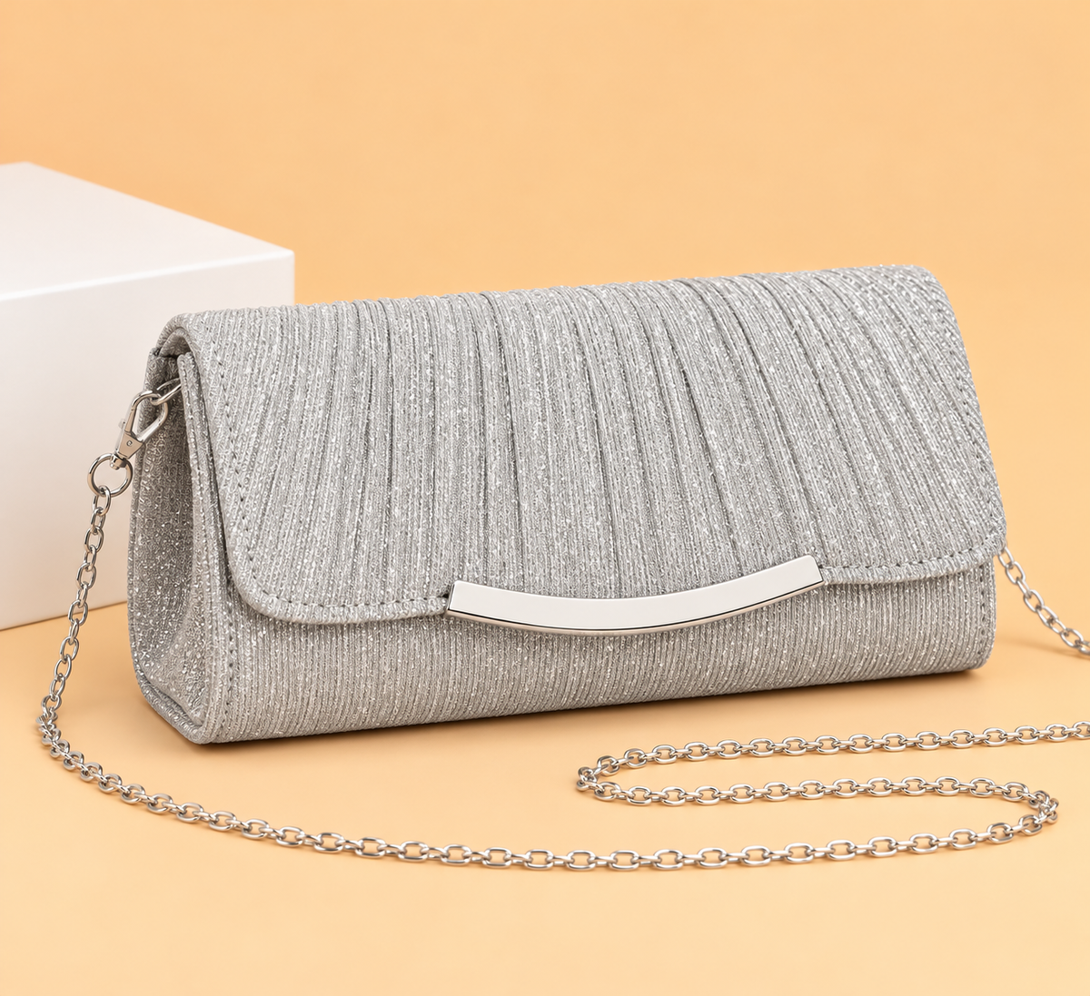 Pleated Glitter Clutch Bag with Gold Bar Clasp