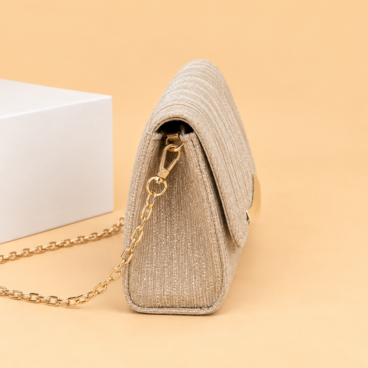 Pleated Glitter Clutch Bag with Gold Bar Clasp