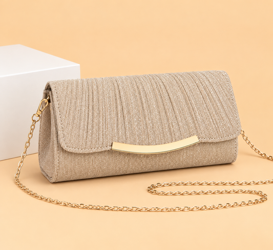 Pleated Glitter Clutch Bag with Gold Bar Clasp