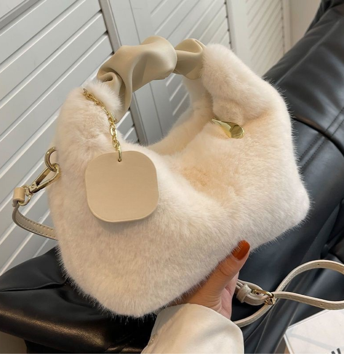 Plush Fluffy Shoulder Bag with Gold Hardware and Chain Charm