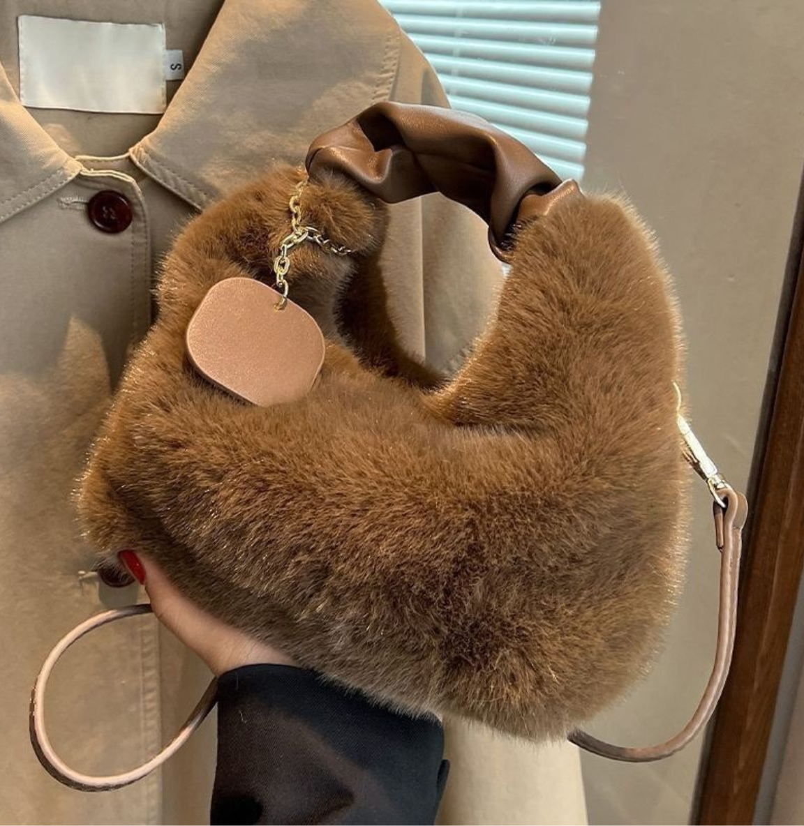 Plush Fluffy Shoulder Bag with Gold Hardware and Chain Charm