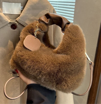 Plush Fluffy Shoulder Bag with Gold Hardware and Chain Charm