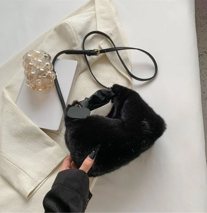 Plush Fluffy Shoulder Bag with Gold Hardware and Chain Charm