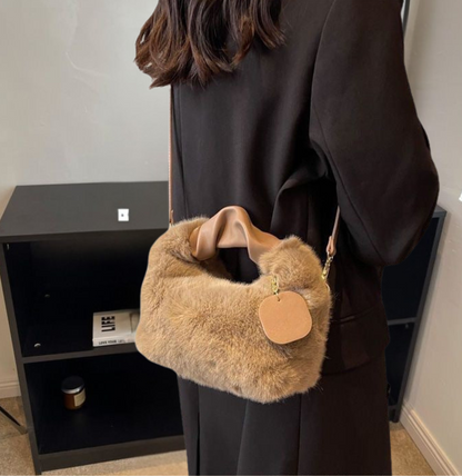 Plush Fluffy Shoulder Bag with Gold Hardware and Chain Charm