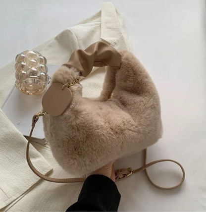 Plush Fluffy Shoulder Bag with Gold Hardware and Chain Charm