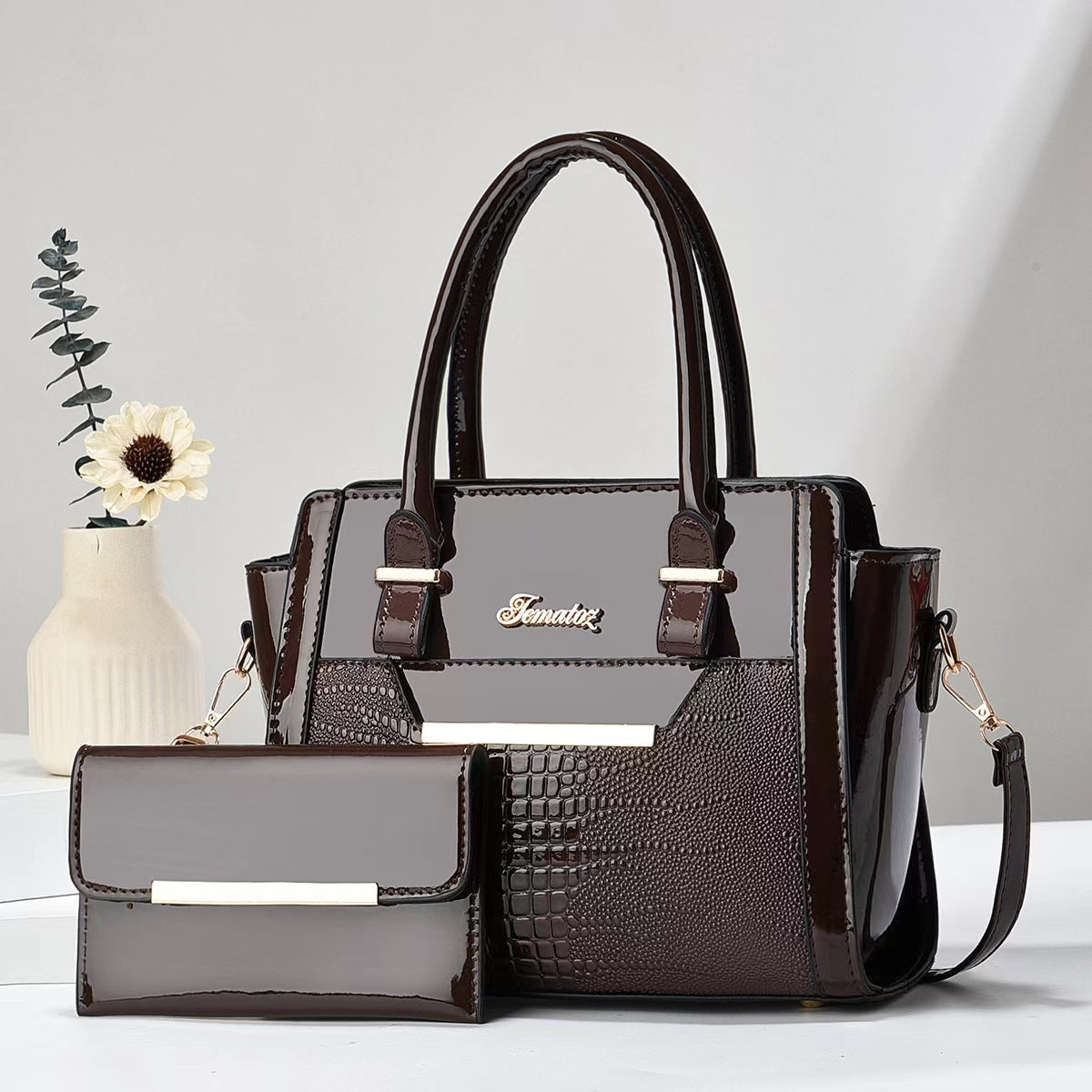 Polished Leather Shoulder Bag and Purse Set with Croc Panel