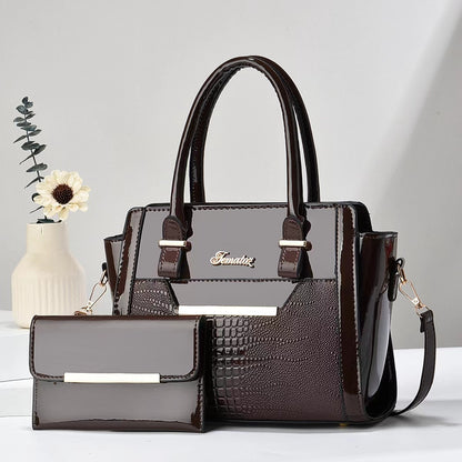 Polished Leather Shoulder Bag and Purse Set with Croc Panel