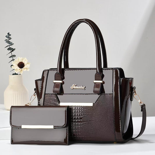 Polished Leather Shoulder Bag and Purse Set with Croc Panel