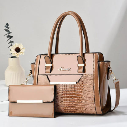Polished Leather Shoulder Bag and Purse Set with Croc Panel