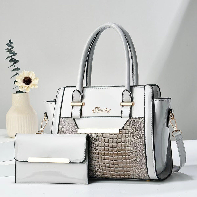 Polished Leather Shoulder Bag and Purse Set with Croc Panel