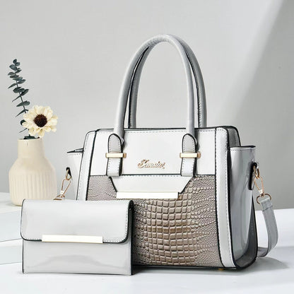 Polished Leather Shoulder Bag and Purse Set with Croc Panel