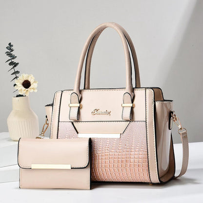 Polished Leather Shoulder Bag and Purse Set with Croc Panel