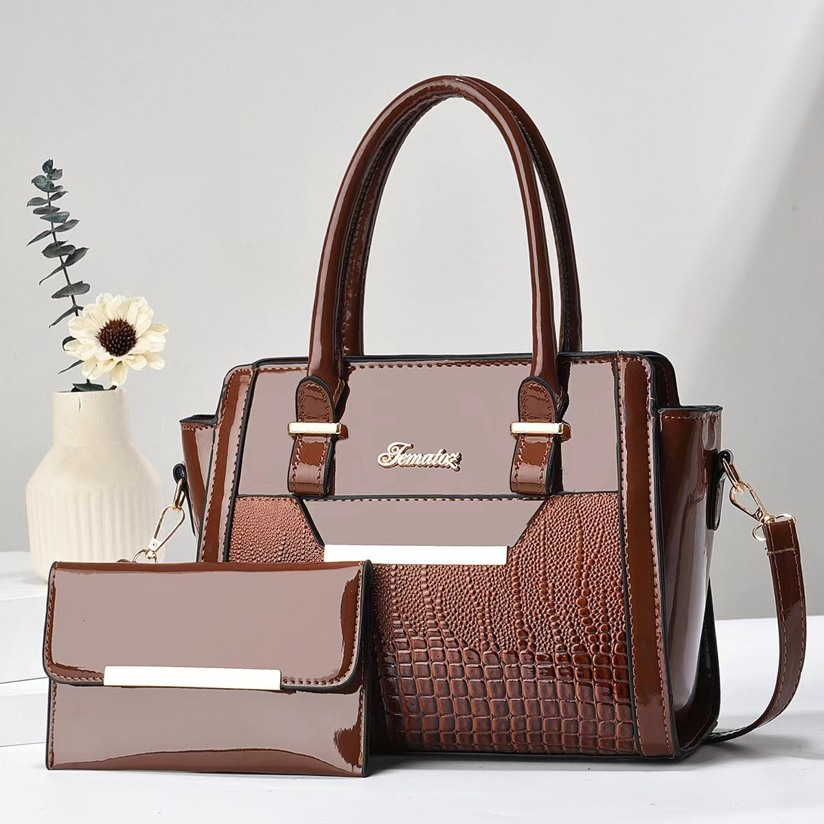 Polished Leather Shoulder Bag and Purse Set with Croc Panel