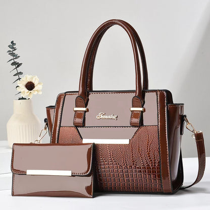 Polished Leather Shoulder Bag and Purse Set with Croc Panel
