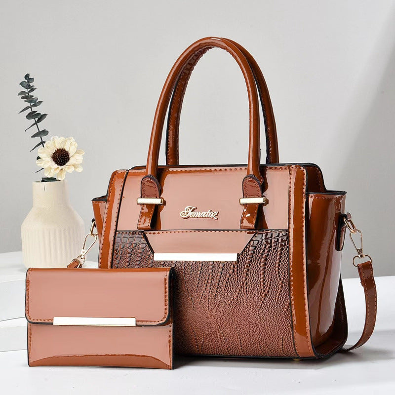 Polished Leather Shoulder Bag and Purse Set with Croc Panel