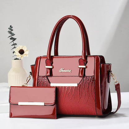 Polished Leather Shoulder Bag and Purse Set with Croc Panel