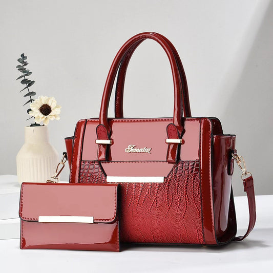 Polished Leather Shoulder Bag and Purse Set with Croc Panel