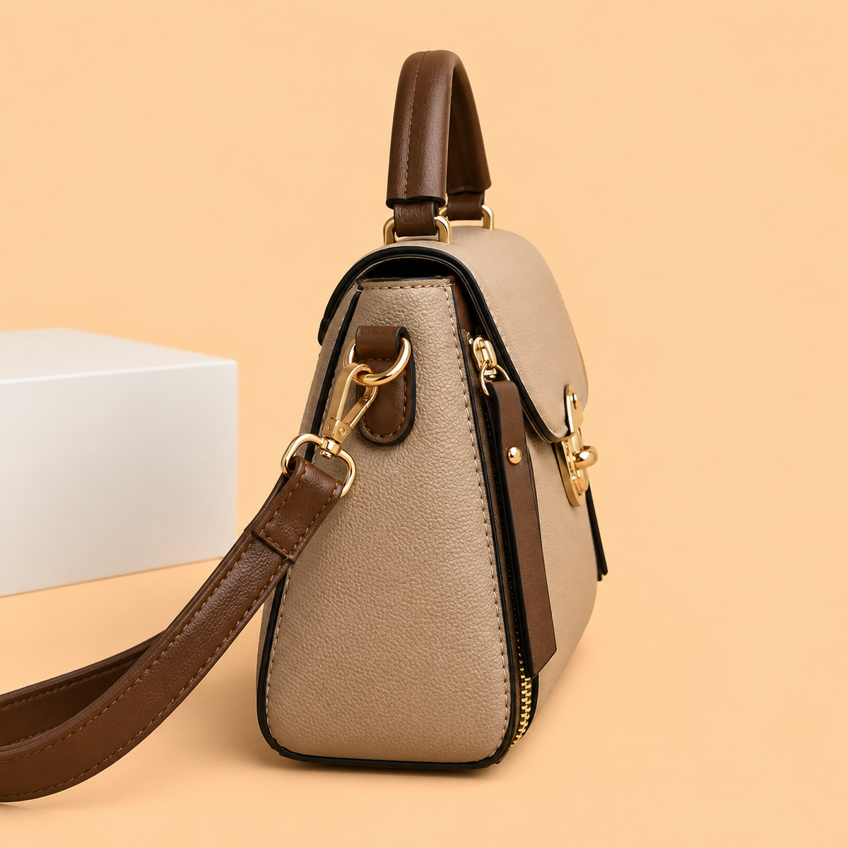 Polished Leather Top Handle Bag with Gold Lock and Contrast Trim