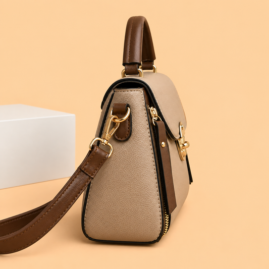 Polished Leather Top Handle Bag with Gold Lock and Contrast Trim