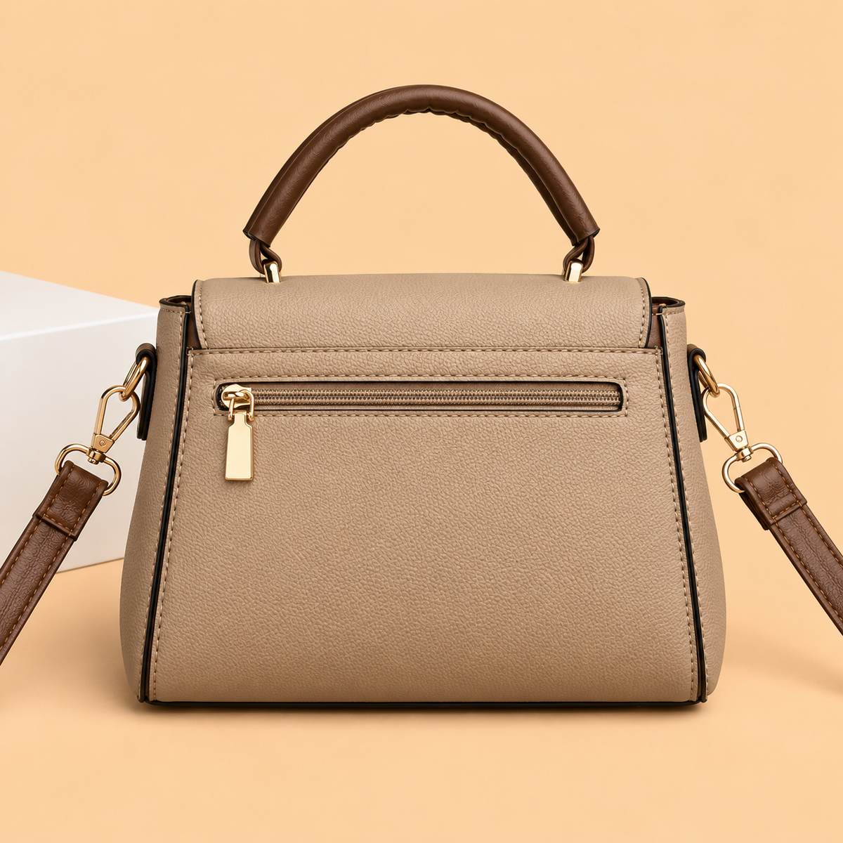 Polished Leather Top Handle Bag with Gold Lock and Contrast Trim