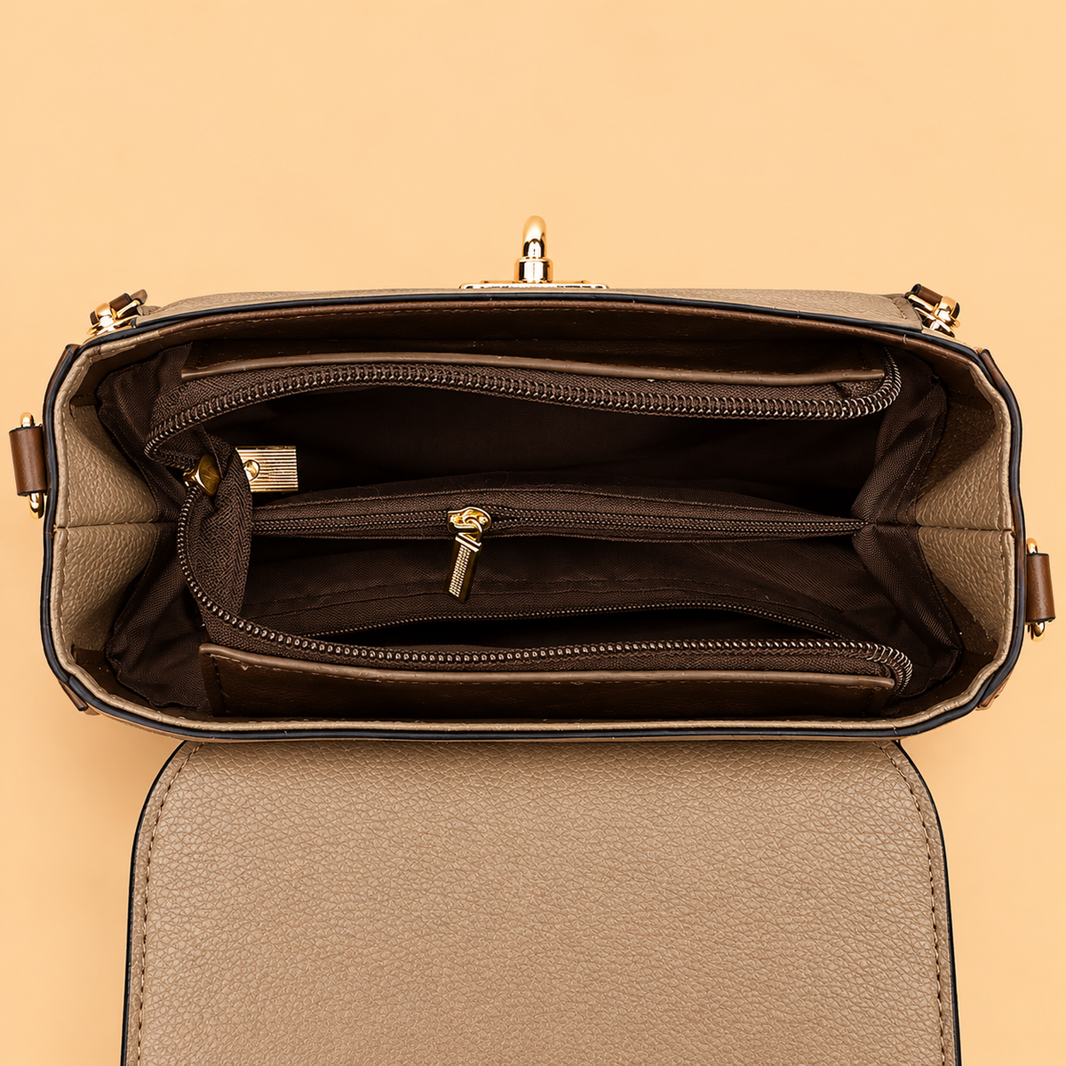 Polished Leather Top Handle Bag with Gold Lock and Contrast Trim