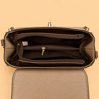 Polished Leather Top Handle Bag with Gold Lock and Contrast Trim