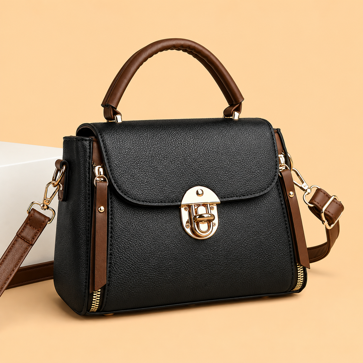 Polished Leather Top Handle Bag with Gold Lock and Contrast Trim