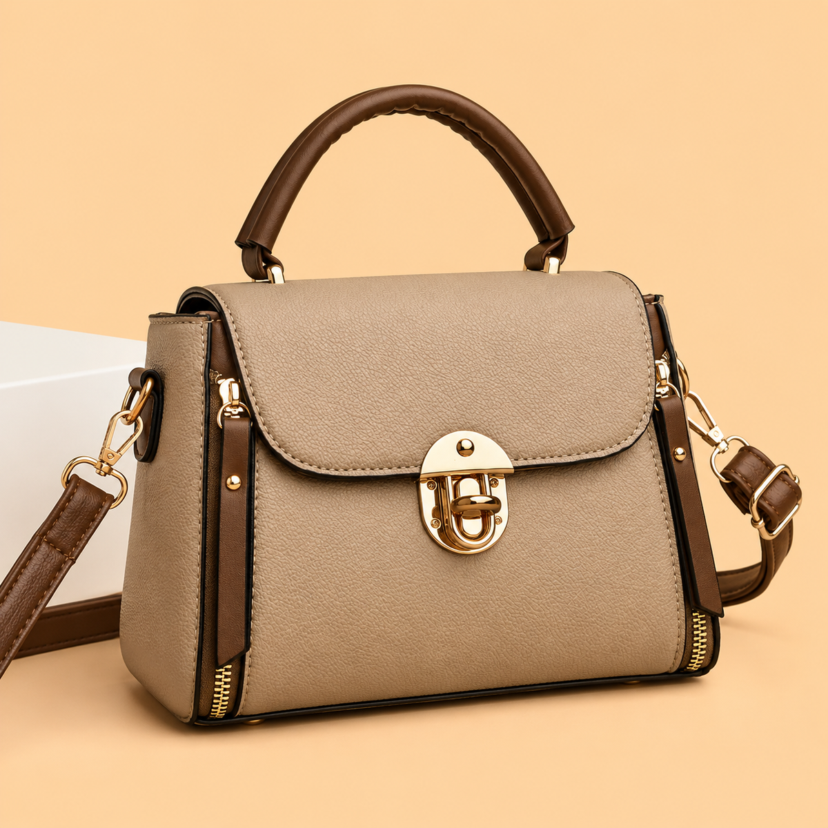 Polished Leather Top Handle Bag with Gold Lock and Contrast Trim