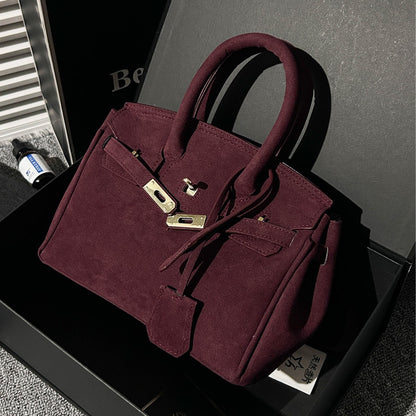 Polished Suede Leather Shoulder Bag with Gold Hardware