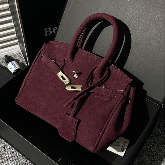 Polished Suede Leather Shoulder Bag with Gold Hardware